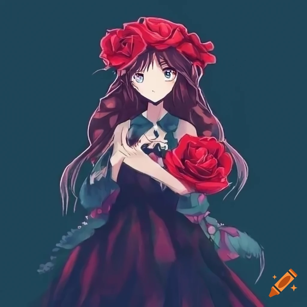 anime girl surrounded by red roses in a cottagecore aesthetic