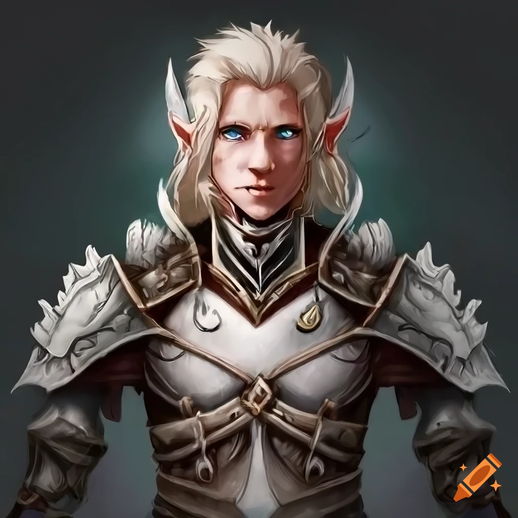 Front view of an anime-style man elf warrior in armor