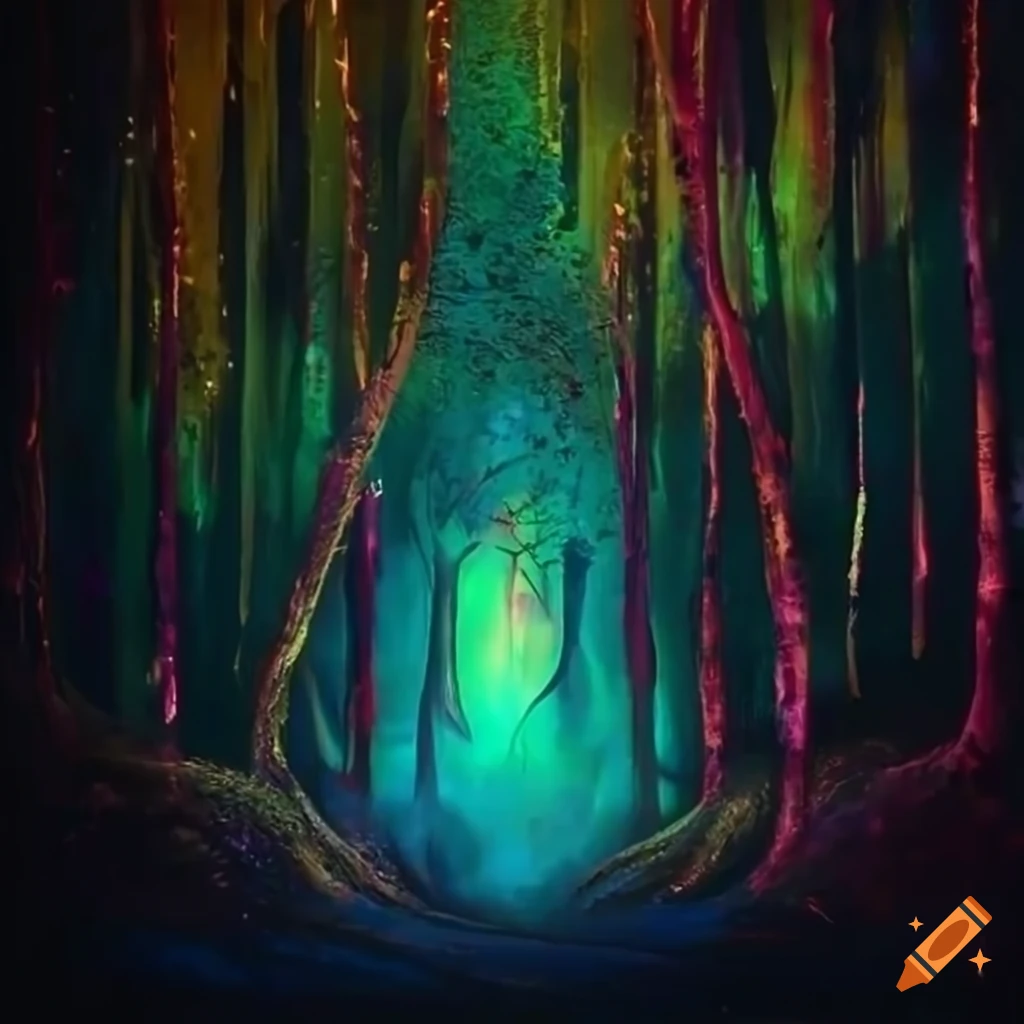 colorful acrylic painting of trees in a foggy forest