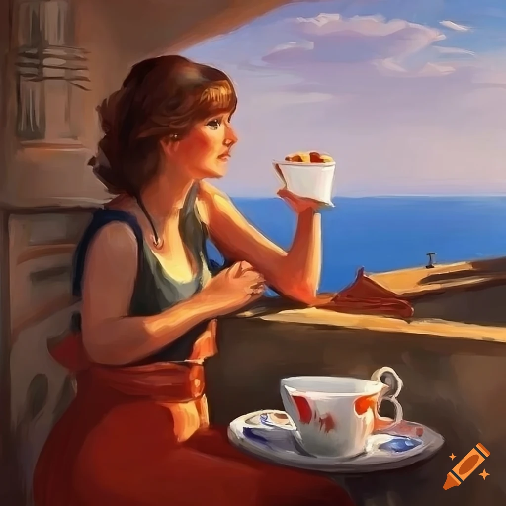 Painting of a lady enjoying coffee on a balcony on Craiyon