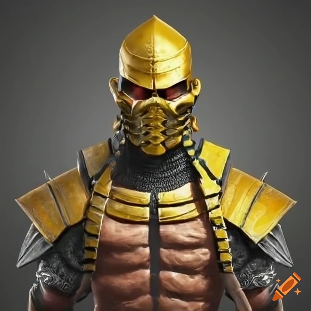 yellow warrior with bronze elements and a scorpion mask