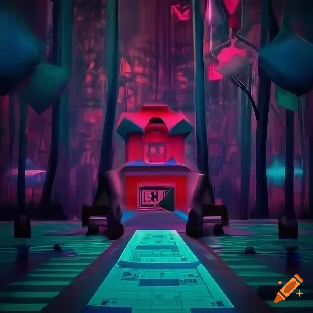 acrylic art of a red monopoly hotel in the forest