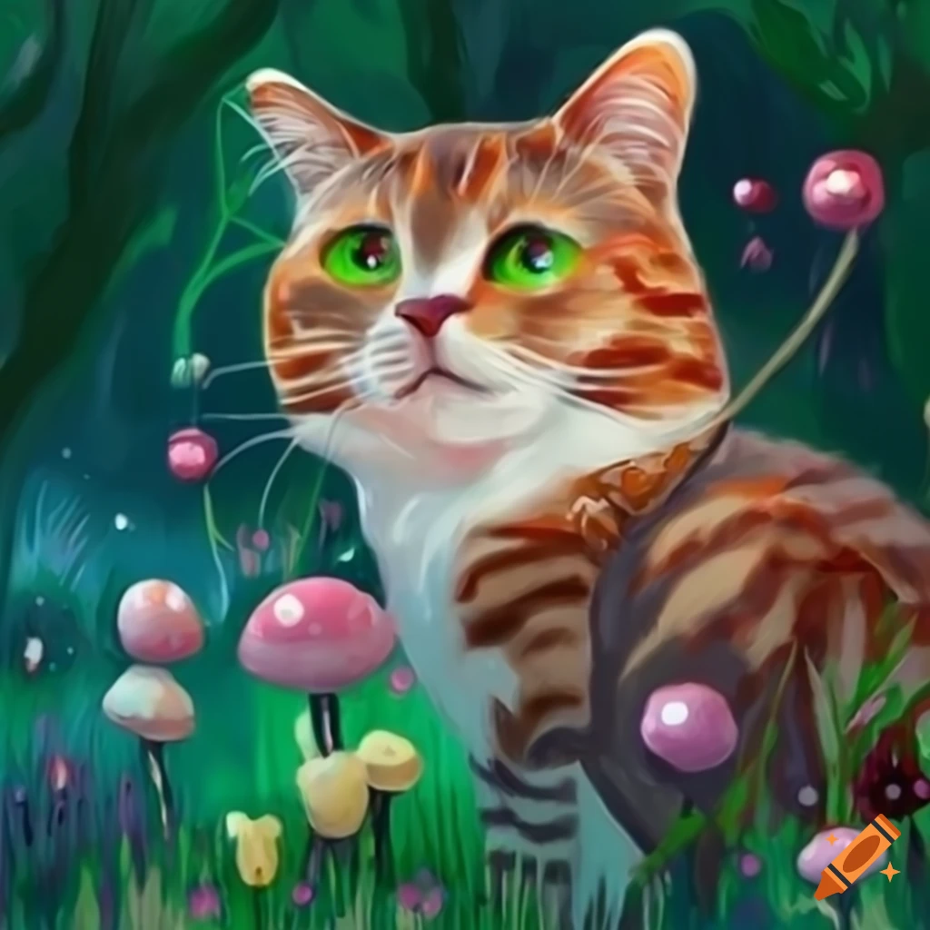 Oil painting of a cat in a forest with flowers and fungus on Craiyon