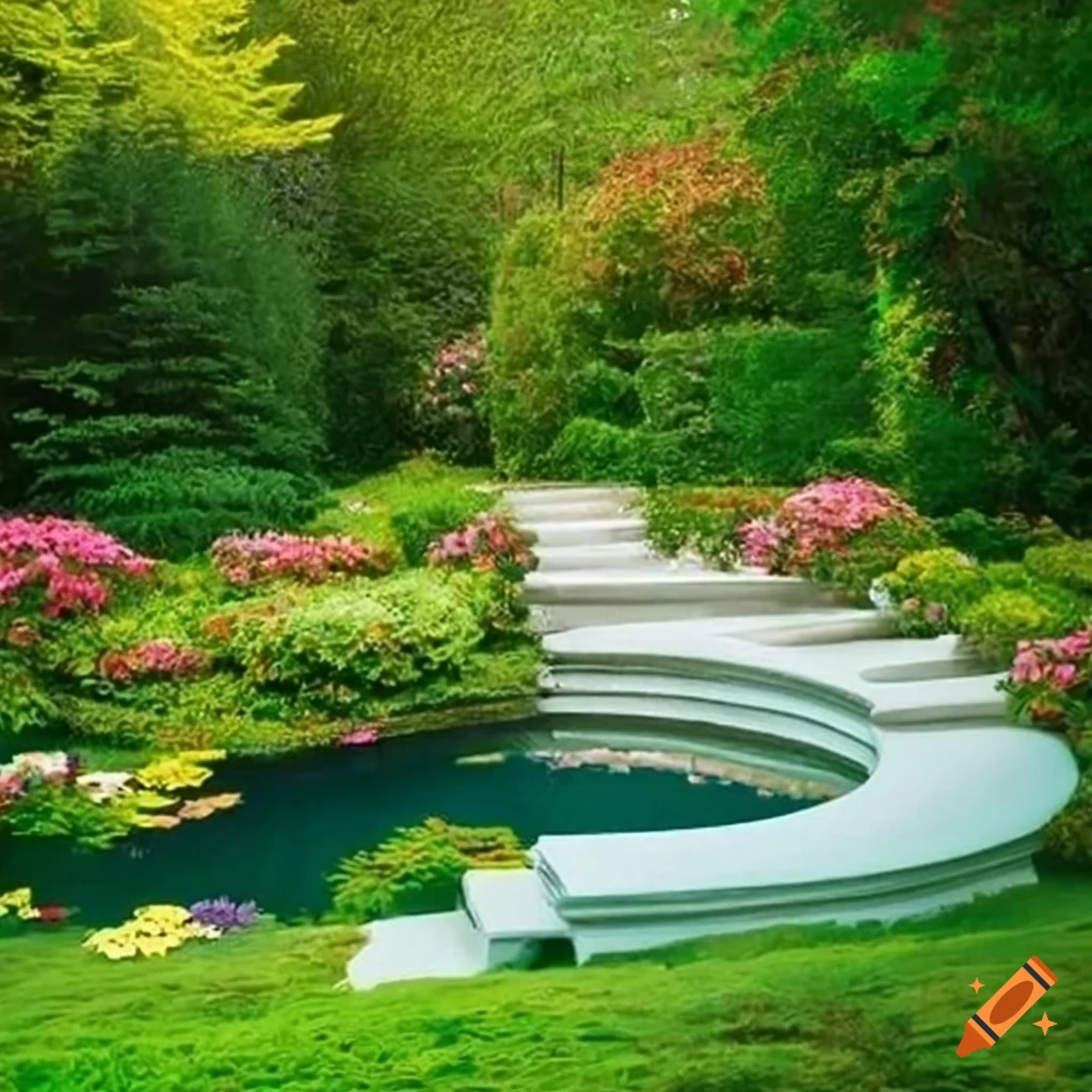 luxurious baroque garden with pond and white house