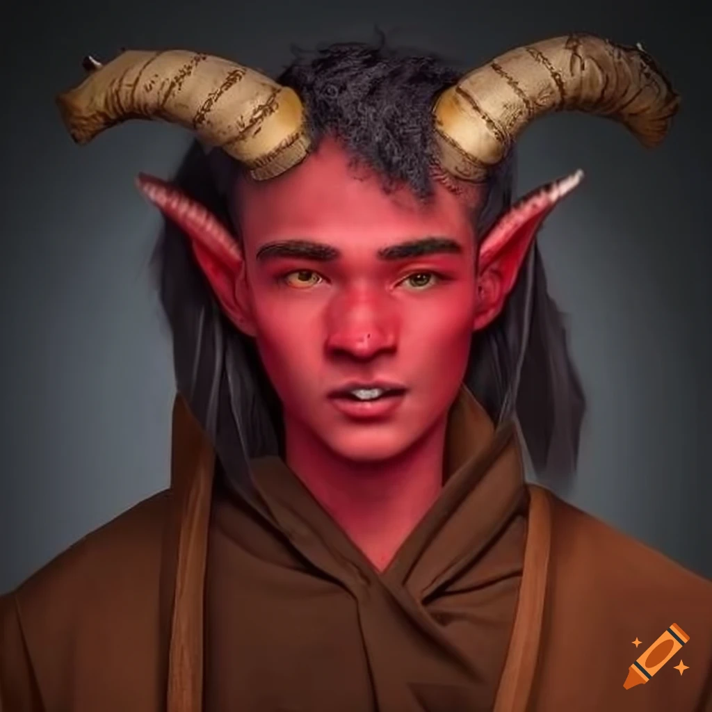 Illustration of a male tiefling with red skin and short horns
