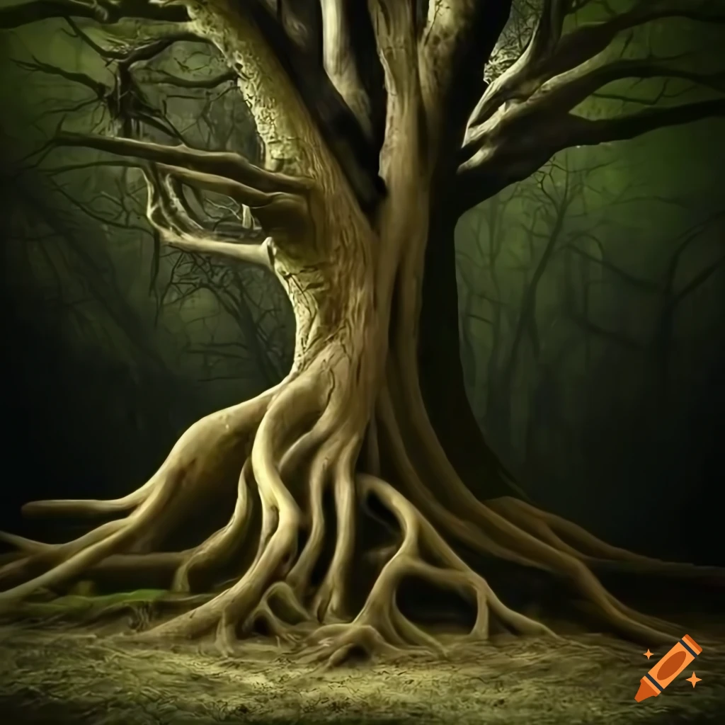 photo realistic image of an ancient tree in a mystical forest
