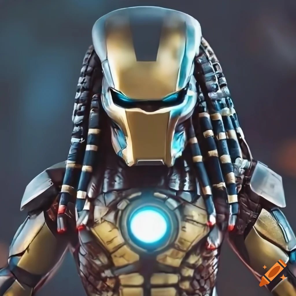 cinematic shot of Predator Iron Man with intricate details
