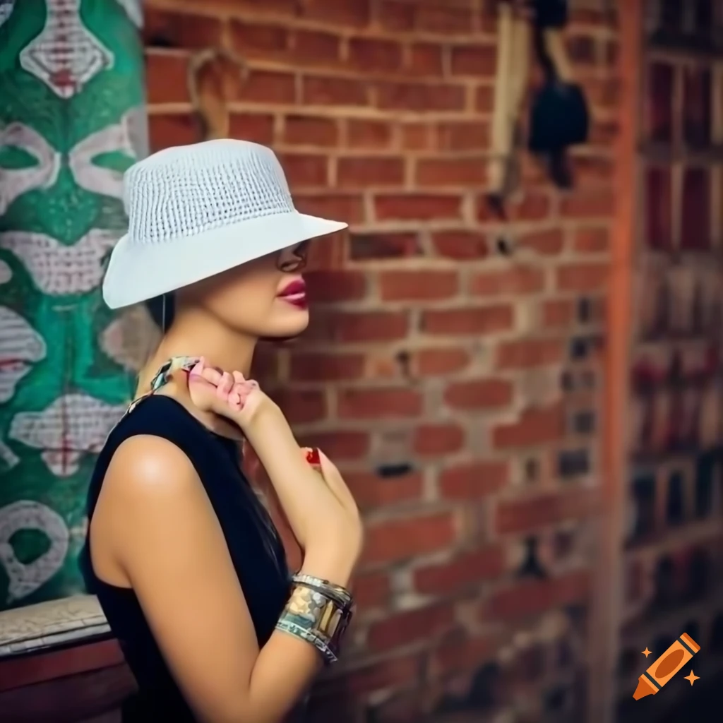 fashionable blonde woman leaning against a bar wall