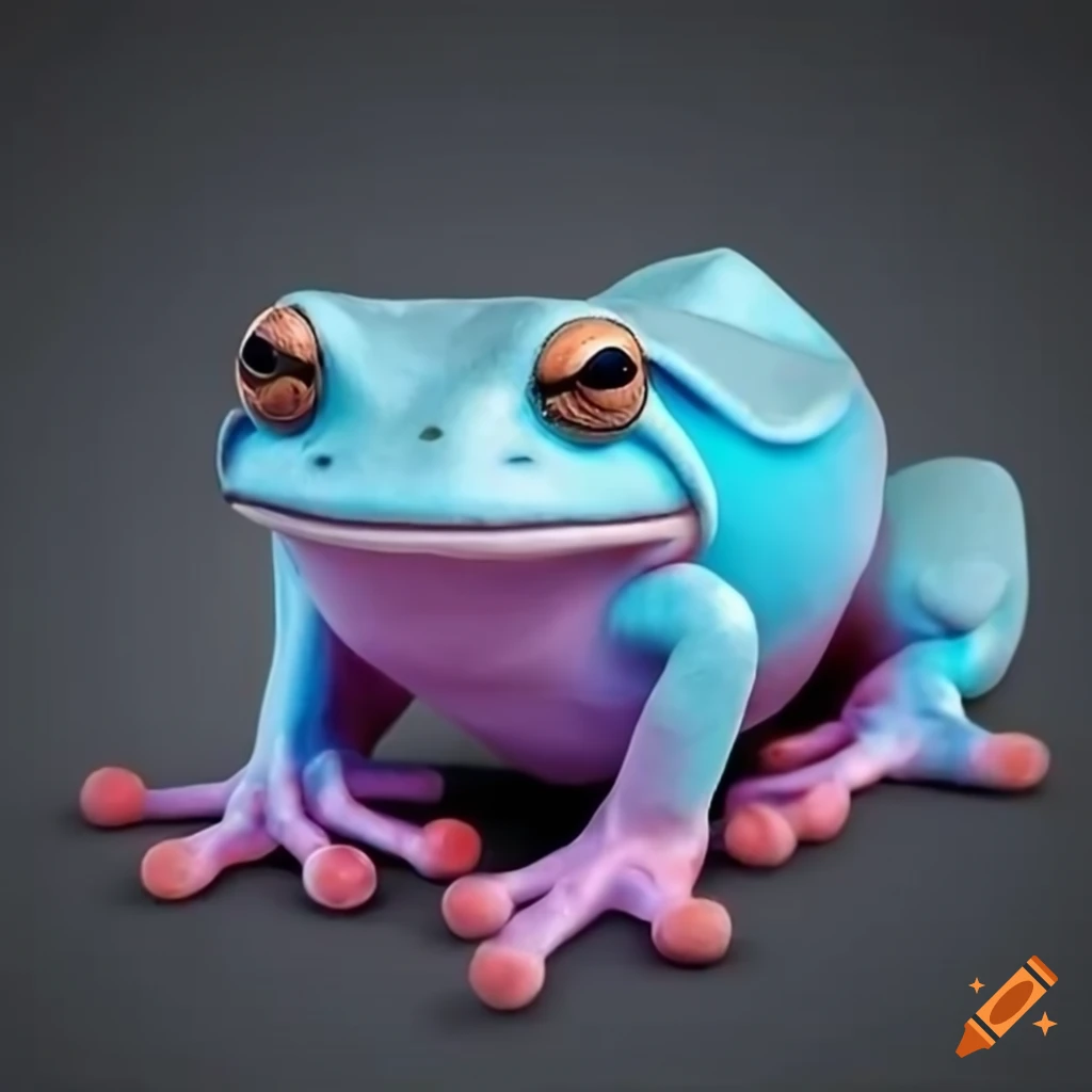 Realistic frog in light blue, pink, and white colors on Craiyon