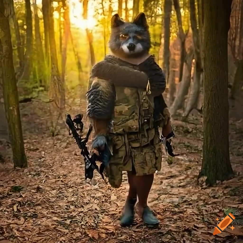 anthropomorphic wolf in military attire walking through a forest