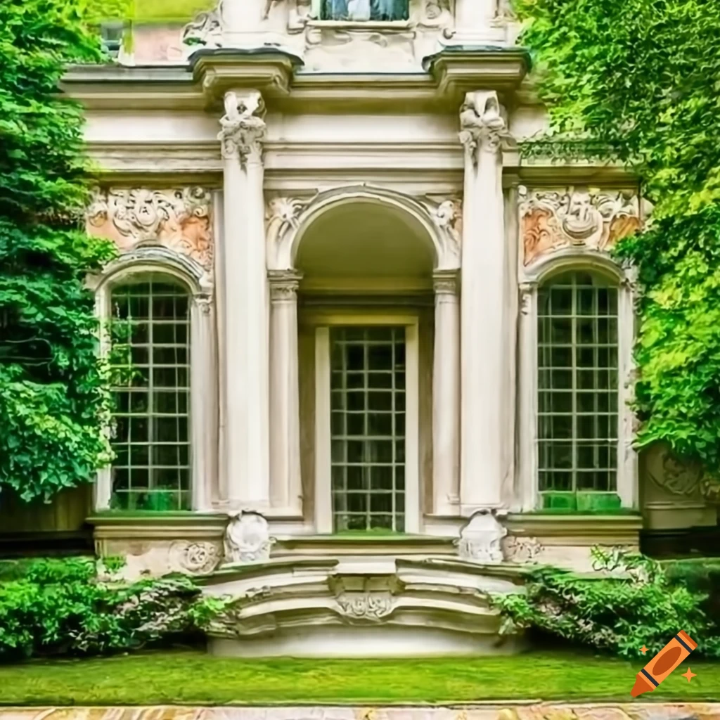 Rococo stucco entrance on classical building with garden on Craiyon