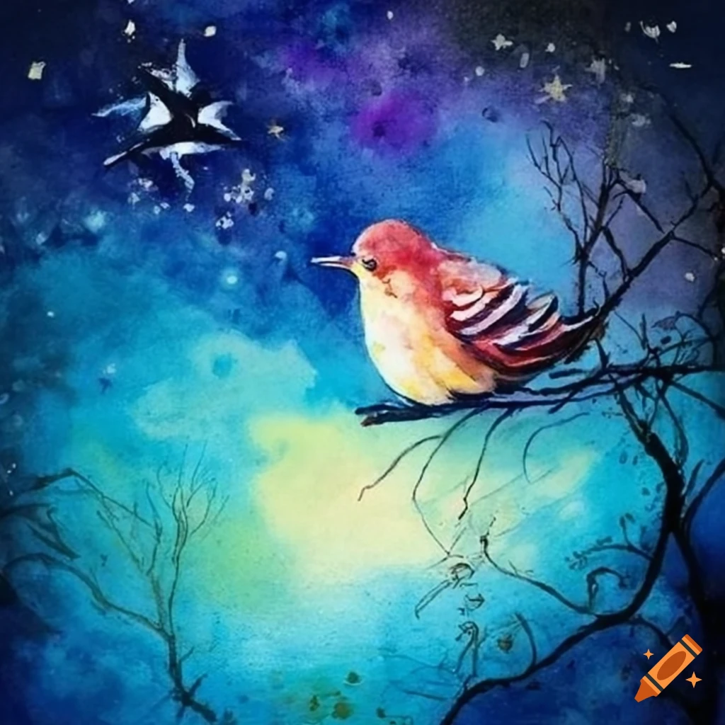 watercolor painting of a starry bird