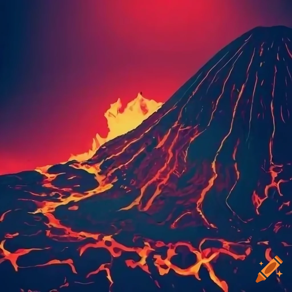 volcano with lava in contrasting light and dark