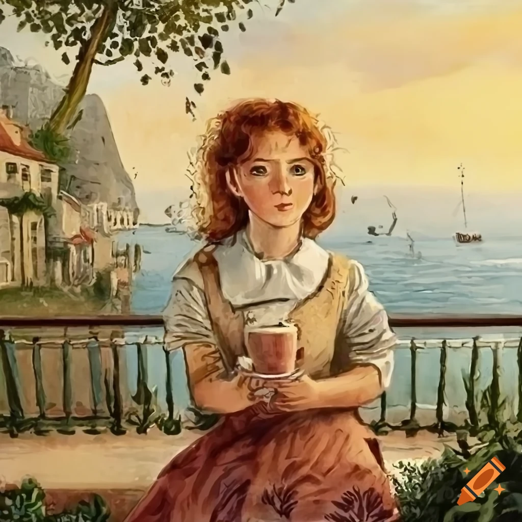 illustration of a lady enjoying coffee on a Mediterranean balcony