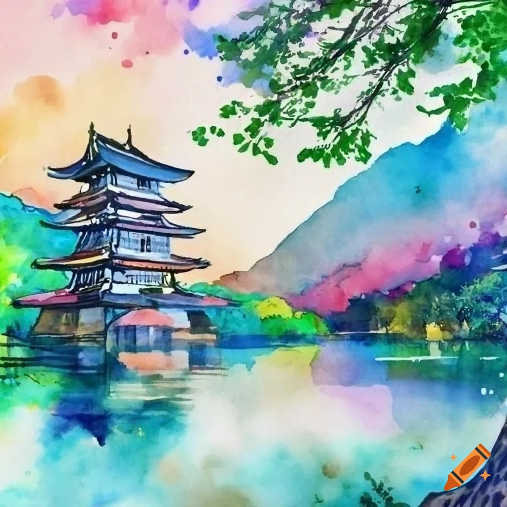 watercolor illustration of scenic view in Japan