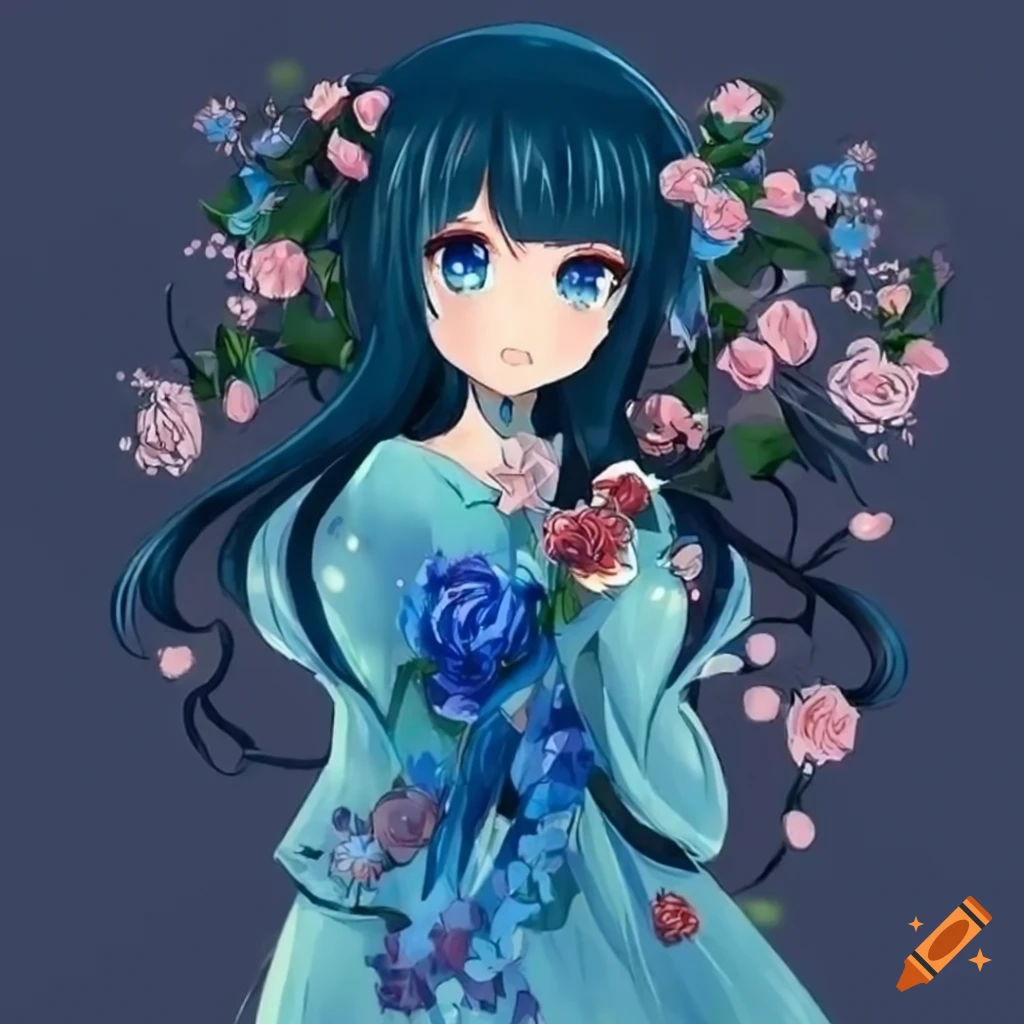 anime girl with blue roses in a cottagecore aesthetic