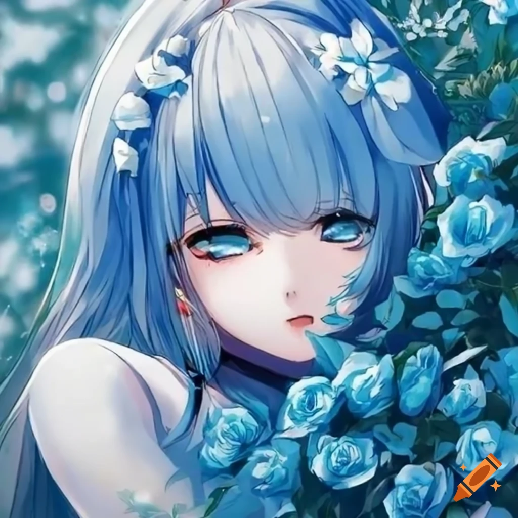 anime girl surrounded by blue roses