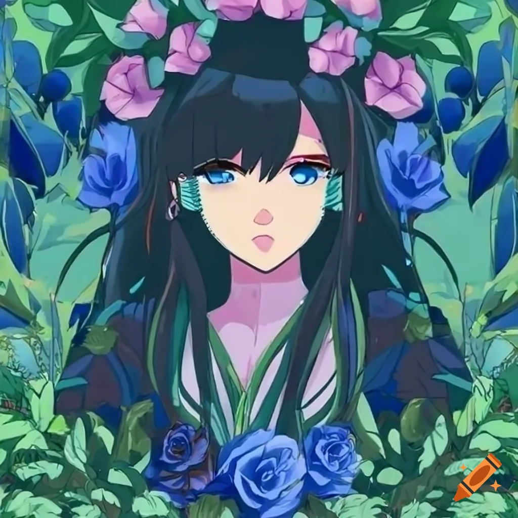 anime girl with blue roses in a cottagecore aesthetic