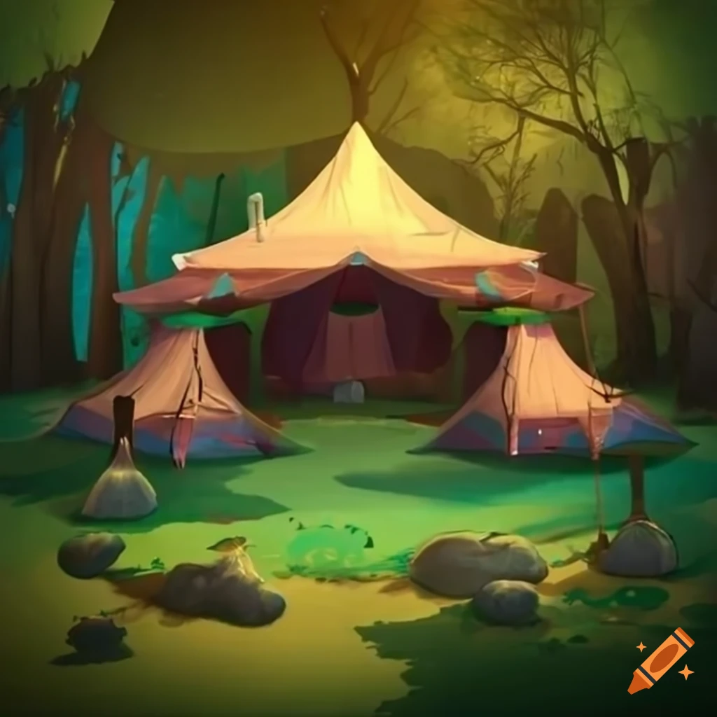 fantasy tents and commercial stands in a forest