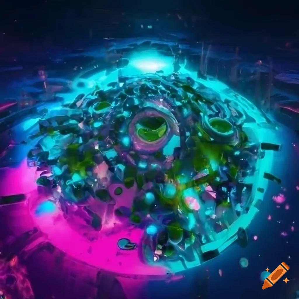 Futuristic chrome city floating in space with glowing gems