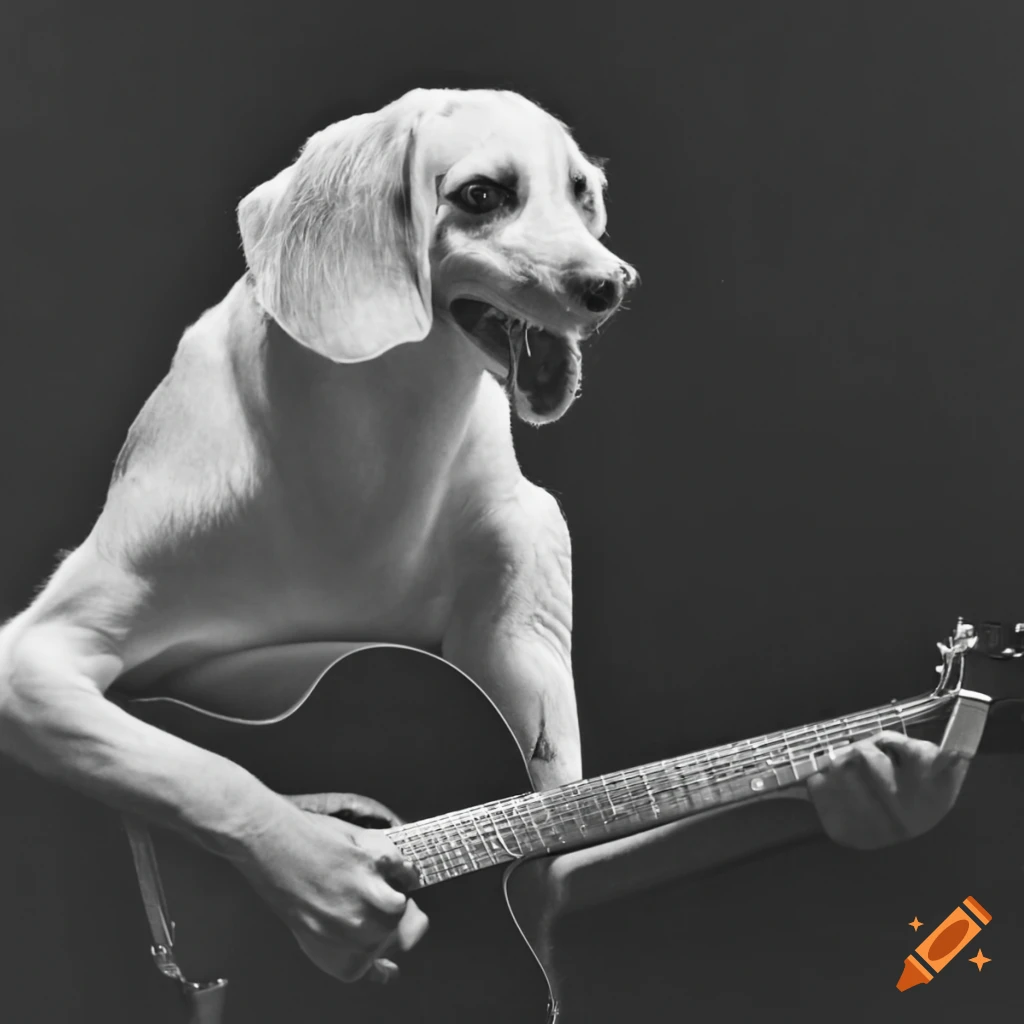 Dog playing guitar with roger waters' face on Craiyon