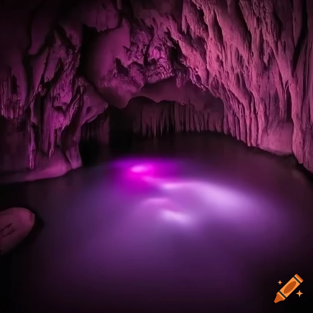 image of a mysterious cave with purple and red lights