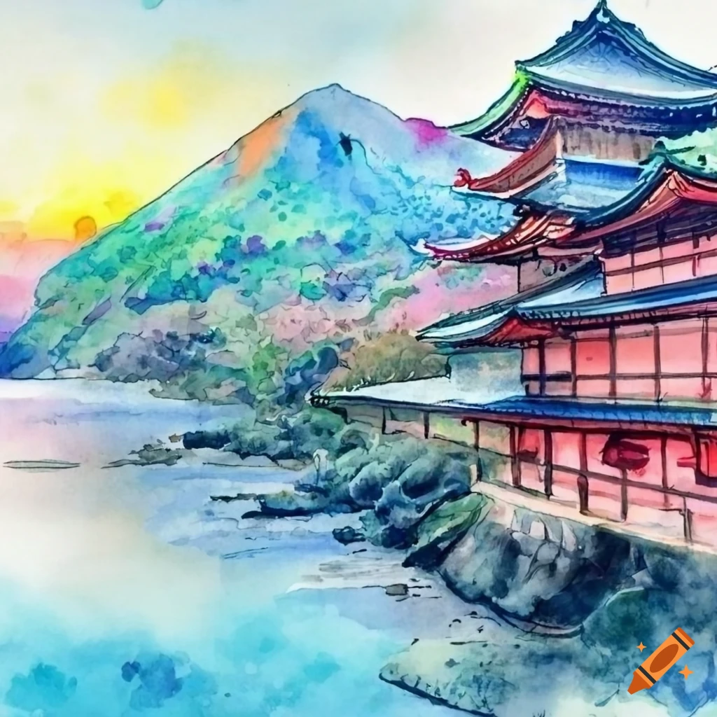 Watercolor illustration of scenic view in japan on Craiyon