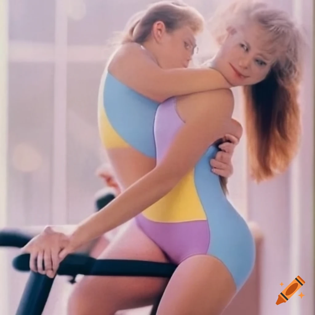 women in pastel leotards hugging on an exercise bike