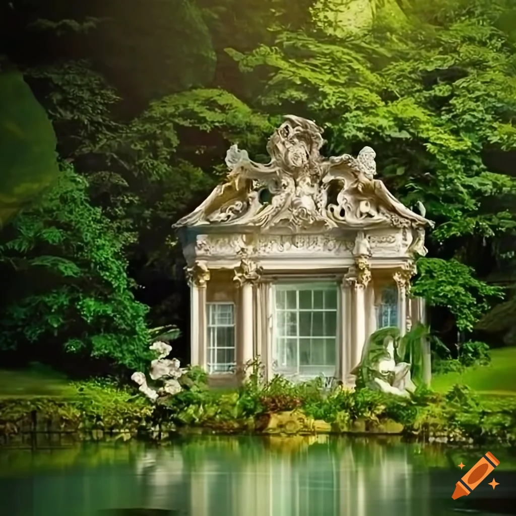 White rococo garden with flowerbeds and a pond on Craiyon