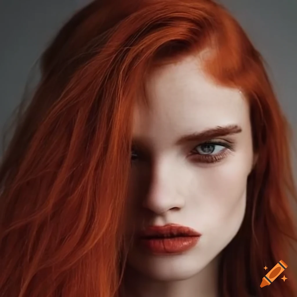 Portrait of a woman with red long hair and dark brown eyes on Craiyon