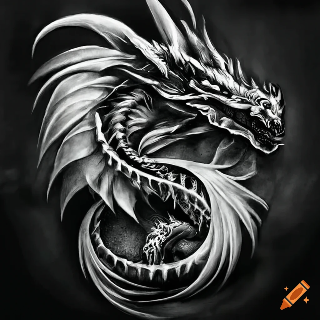 black and white dragon tattoo on a white canvas