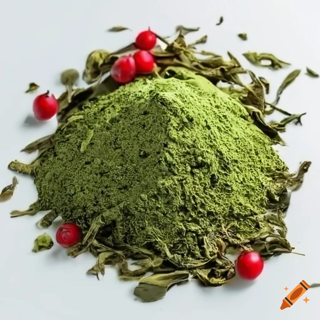 White tea leaves, matcha, and red berries on white background on Craiyon