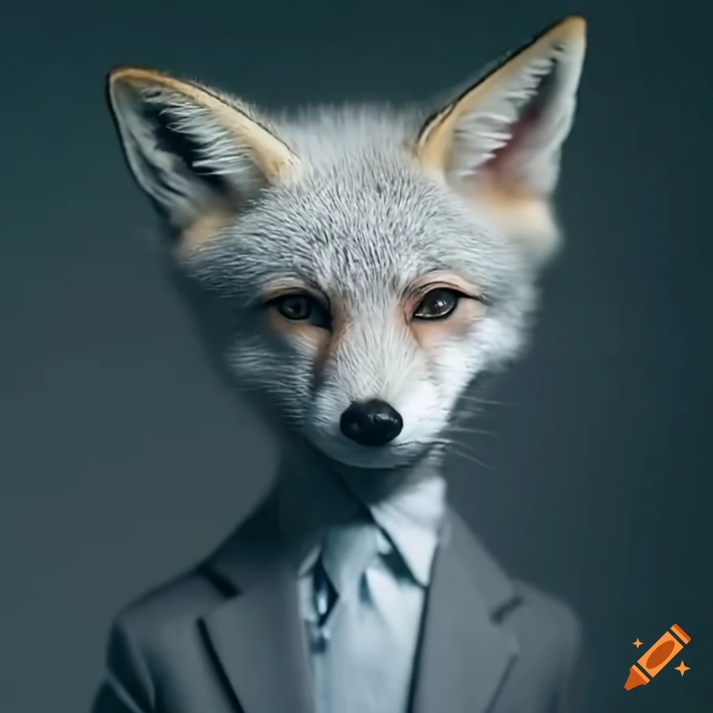 fantastic mr fox-inspired white fox in a grey suit