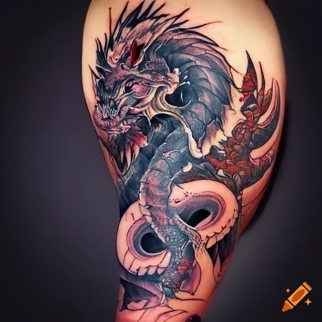 Upper arm sleeve japanese tattoo with a fierce fighting rooster on