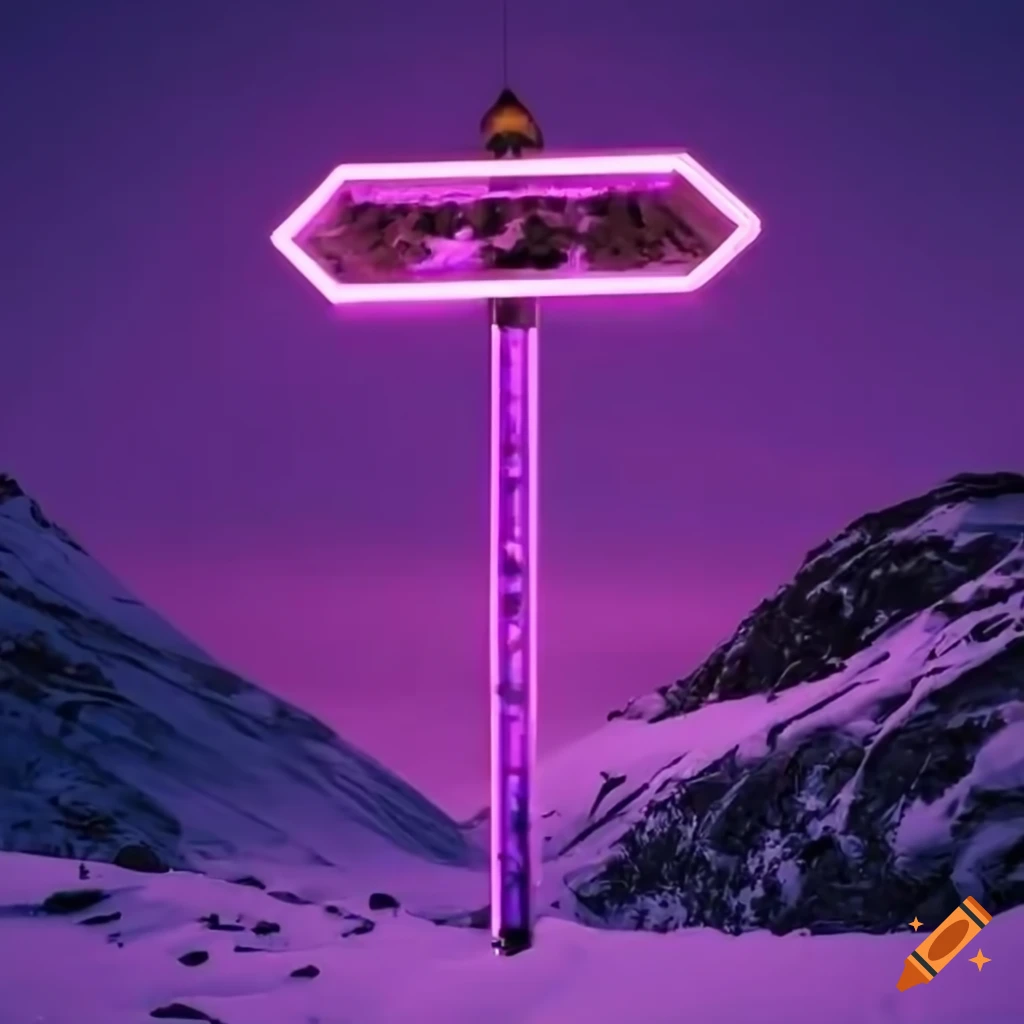 purple neon sign on a snowy desert