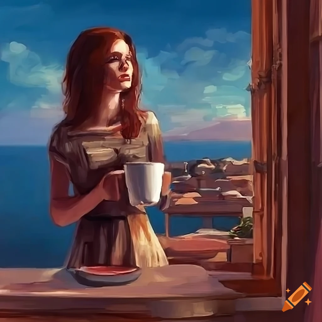 Concept art of a lady enjoying coffee on a balcony with a view of a ...