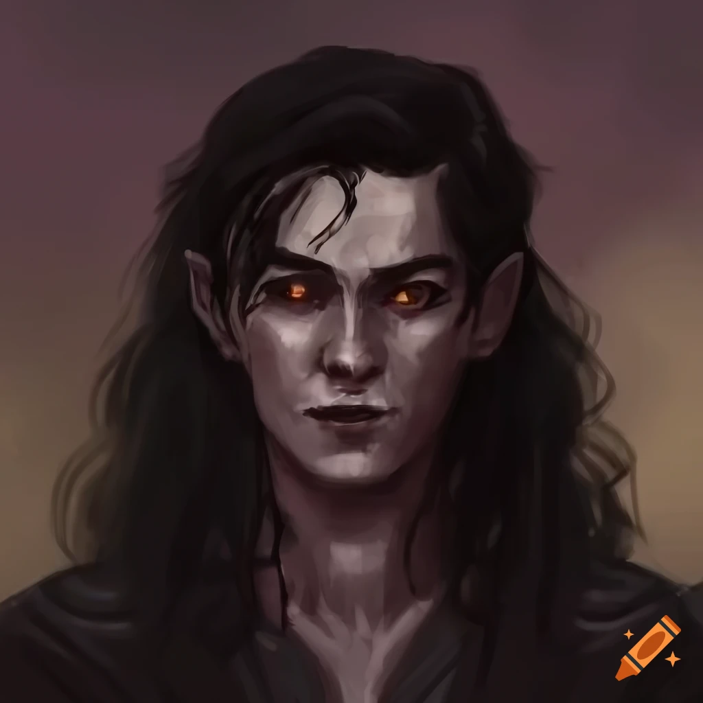 Depiction of a male elf with black hair and green eyes on Craiyon