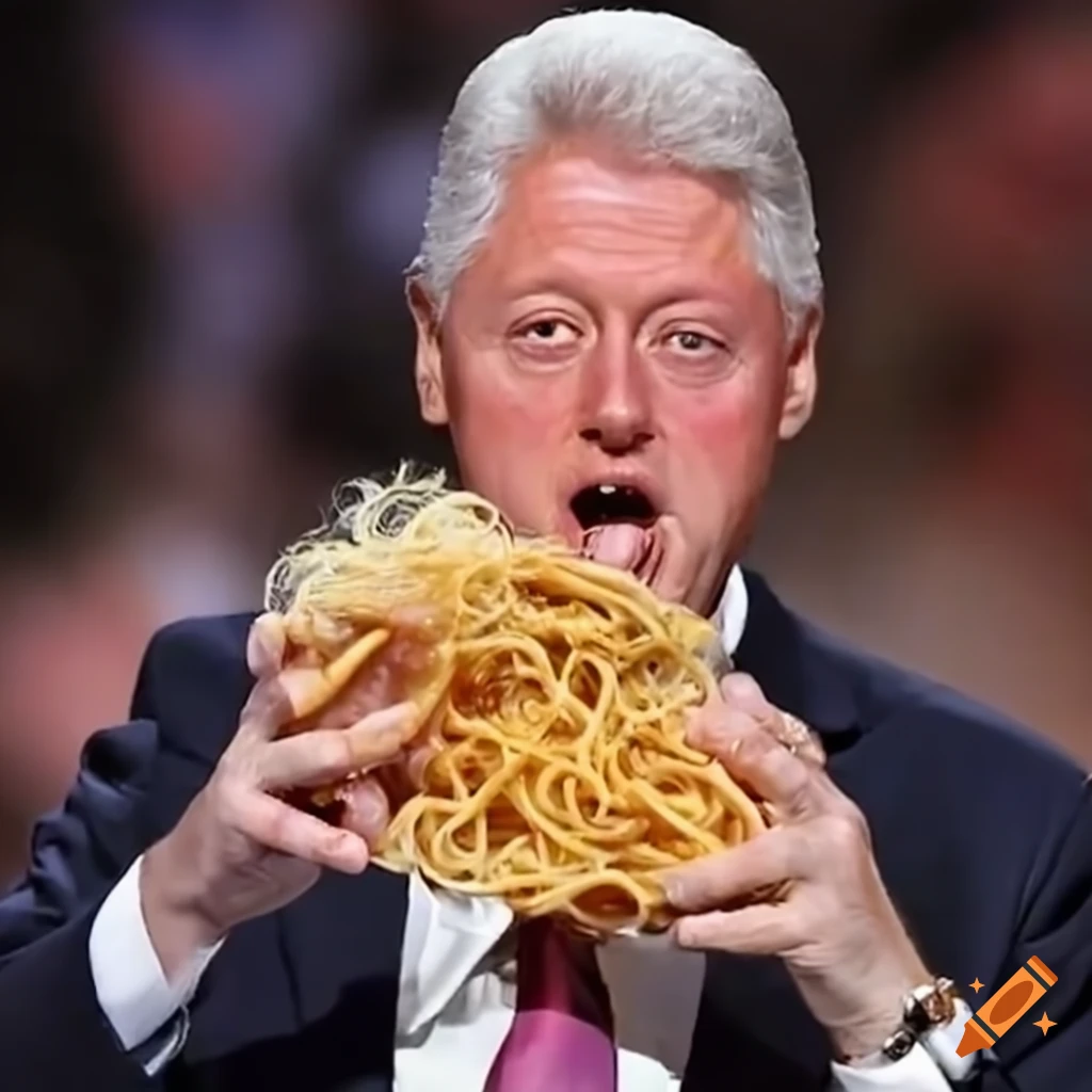 Bill Clinton enjoying spaghetti with a big smile