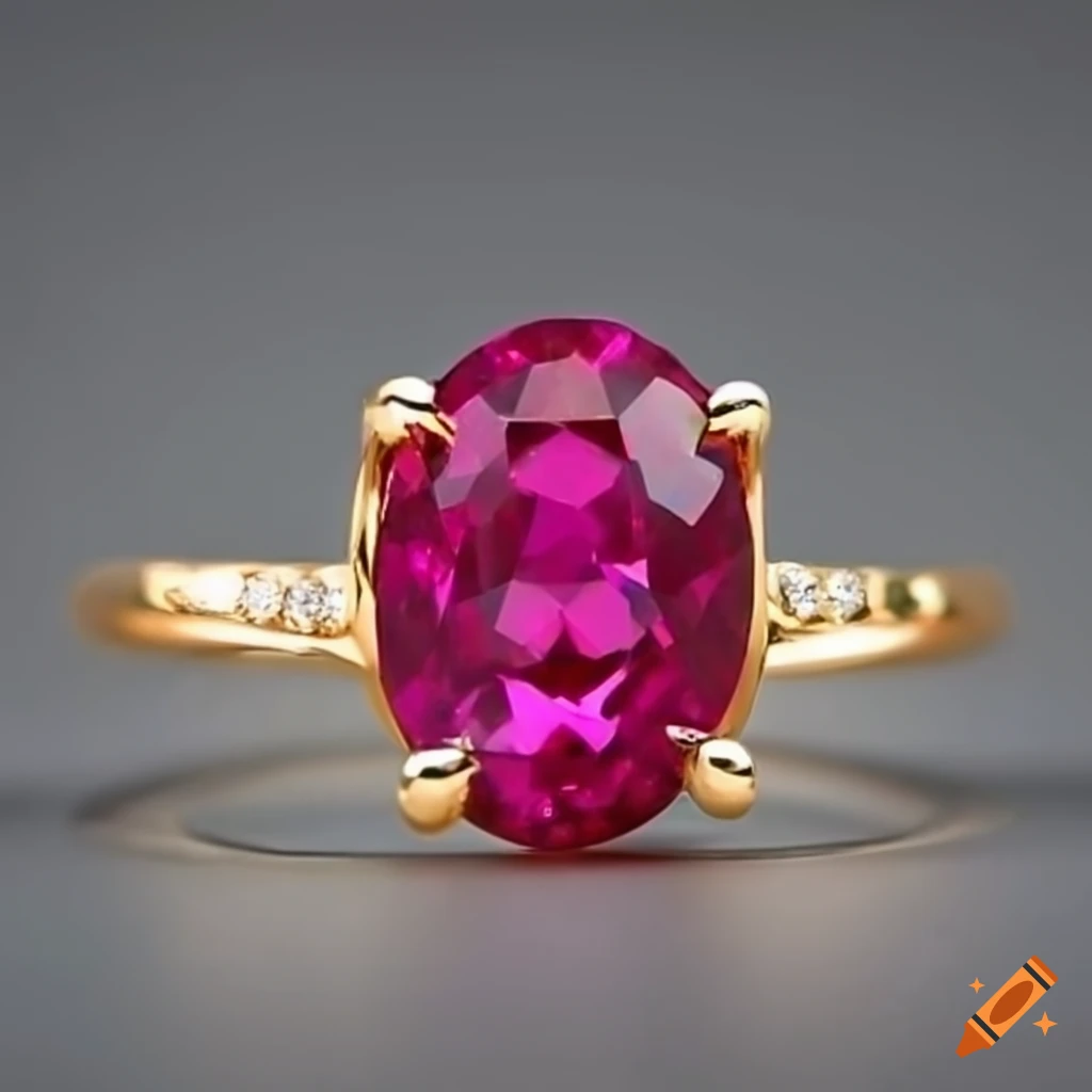 Three Stone Oval Ruby Ring with Prong Set Half Moon Side Diamonds  (3.79cttw) A Quality