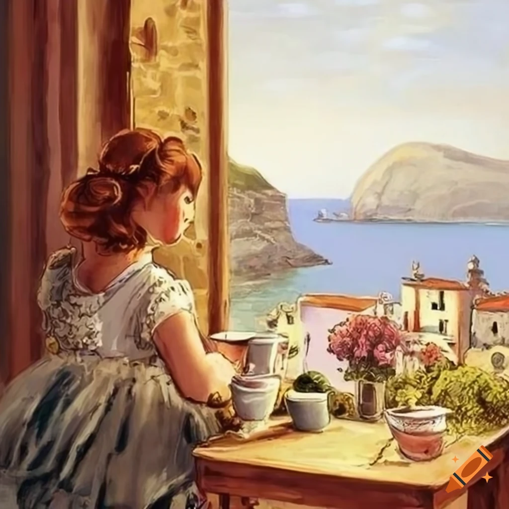 illustration of a lady enjoying coffee on a Mediterranean balcony