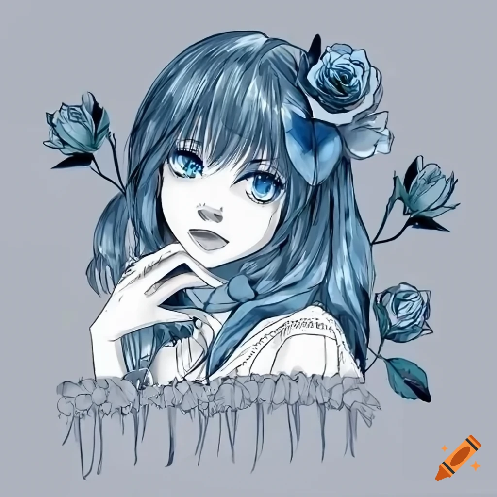 anime girl with blue roses in a cottagecore aesthetic