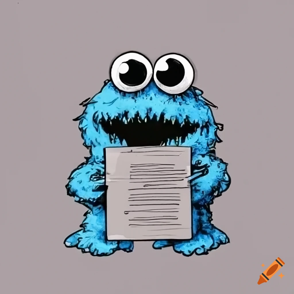 Cookie Monster with googly eyes holding a paper