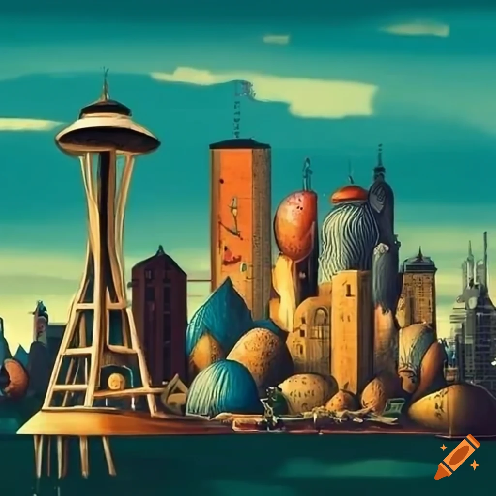 Seattle cityscape in hieronymus bosch style
