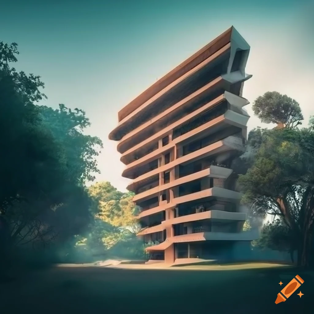 photorealistic rendering of a modernist building in a vibrant city