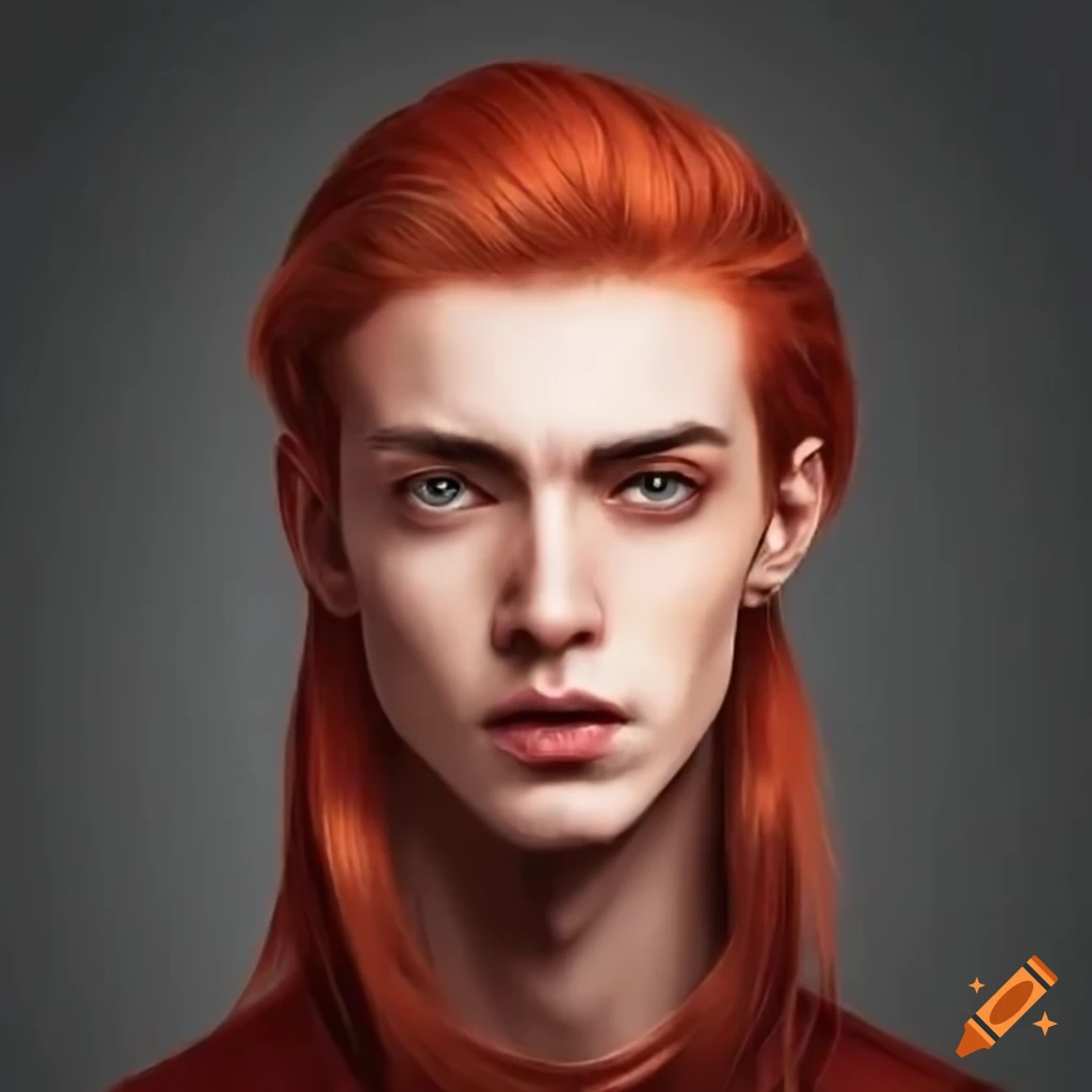 Portrait of a man with long red hair and high cheekbones
