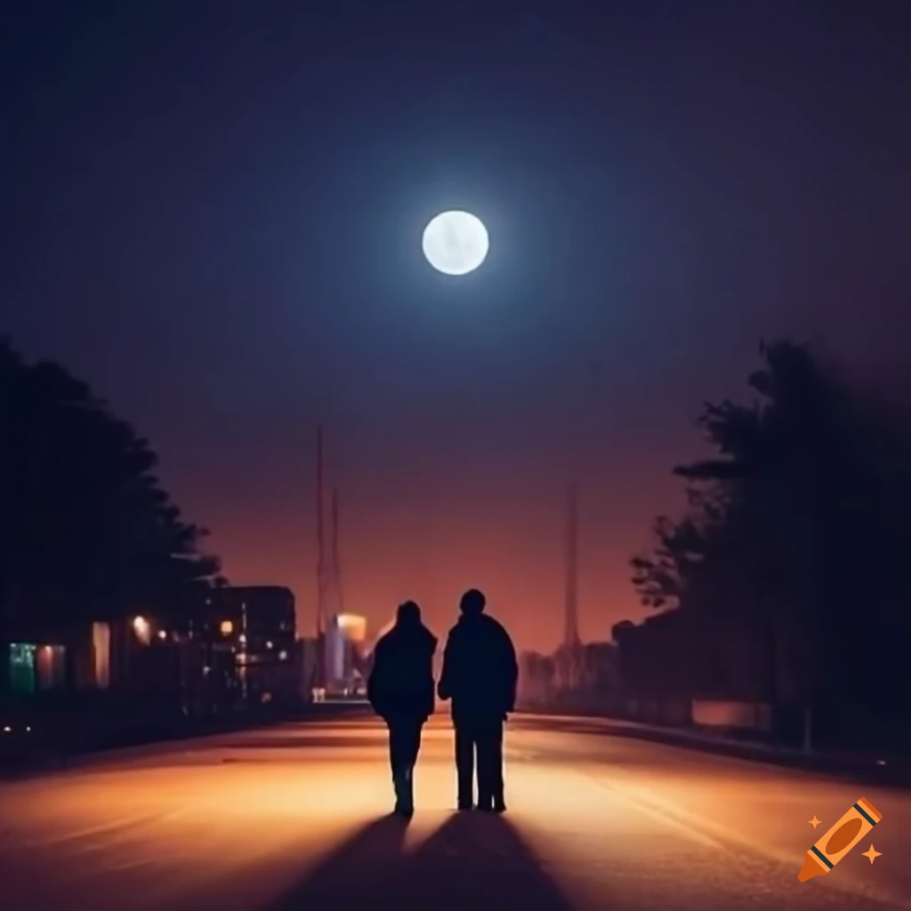 couple walking on a road at night with moonlight