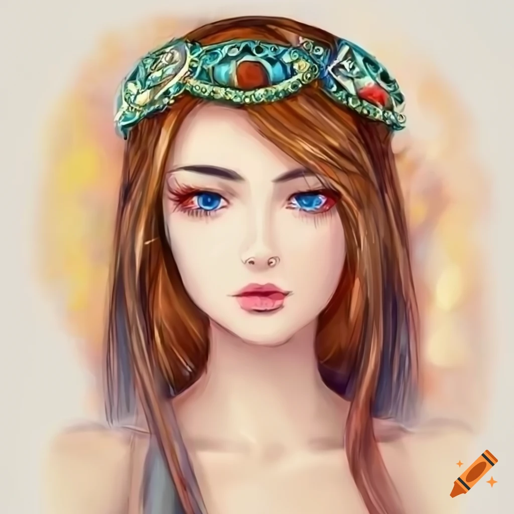 digital artwork of an anime girl with long brown hair and blue eyes