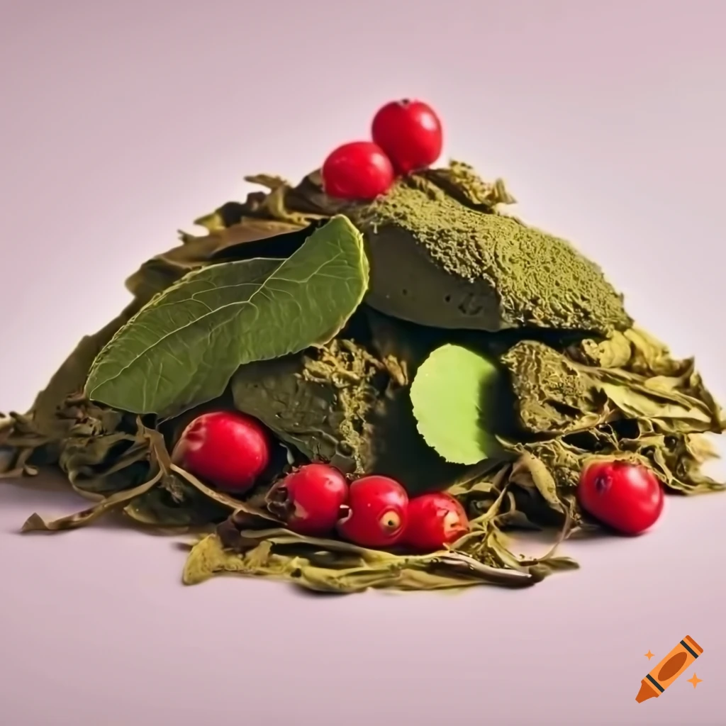 white tea leaves, matcha, and red berries on white background