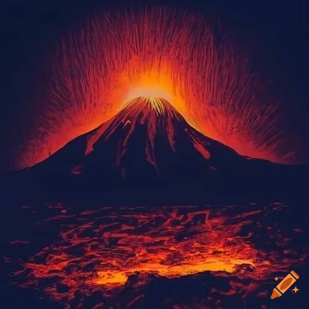 volcano with lava in contrasting light and dark