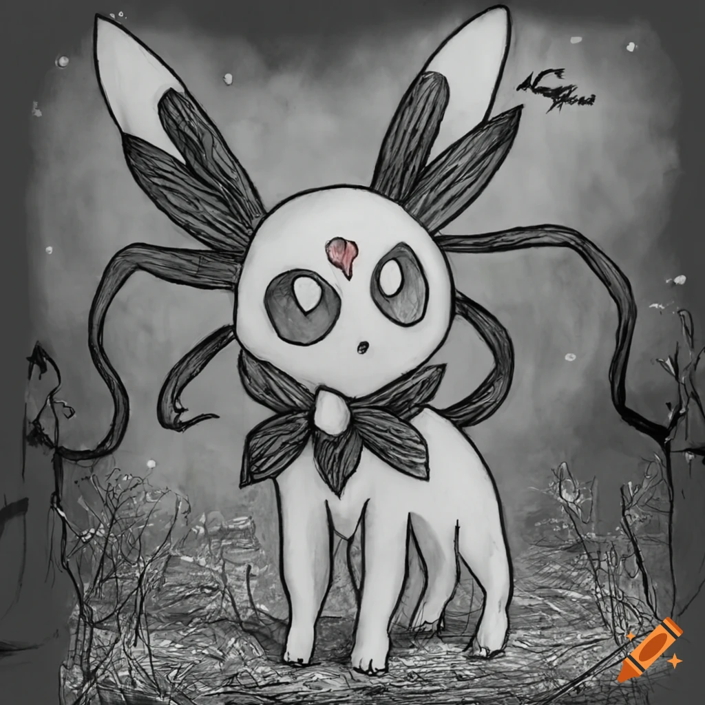 Spooky black and white drawing of sylveon